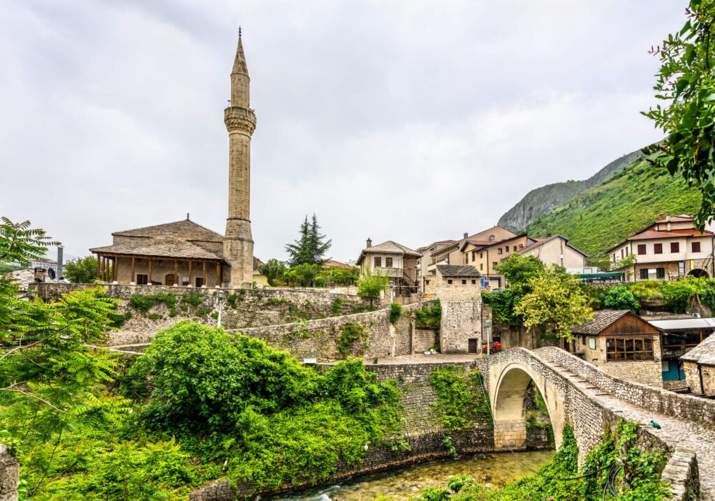 Nezir Agina Mosque an Crooked bridge in Mostar