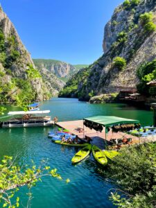 A beautiful scenery of the Matka Canyon. Kayaking on Matka Canyon, North Macedonia.