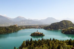 Sunrise at lake Bled taken from Osojnica viewpoint. Lake Bled, Slovenia.